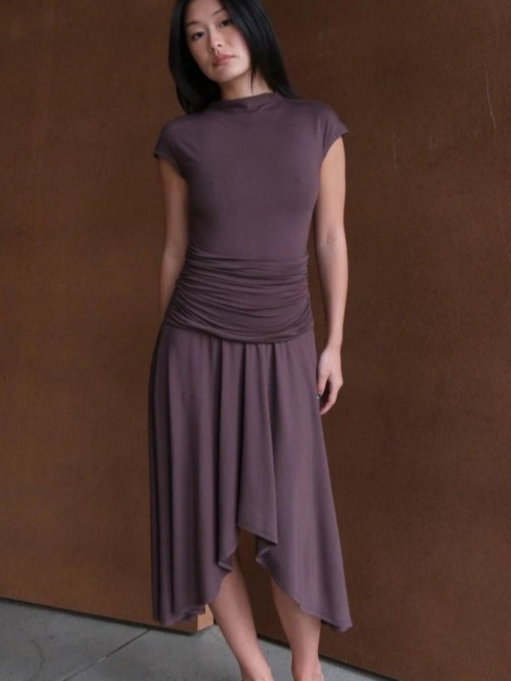 NEW WITH TAGS Geel Elodie Asymmetrical Dress in Hickory Brown Size XS